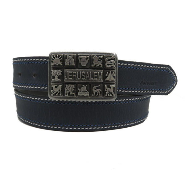 Blue leather belt + blue and white stitching for men model "Jerusalem"