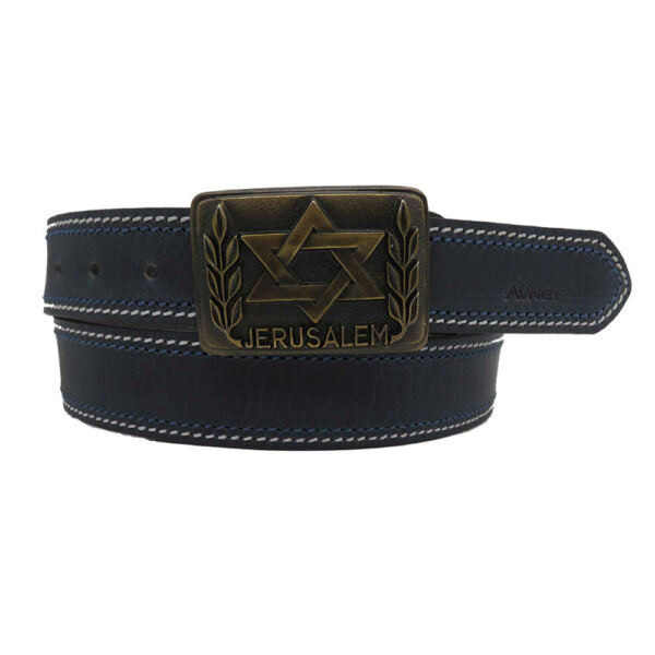 Blue leather belt + blue and white stitching for men "Star of David" model