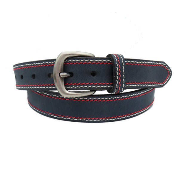 Men's "America" Blue Full Handcrafted Leather Belt with Double Stitching